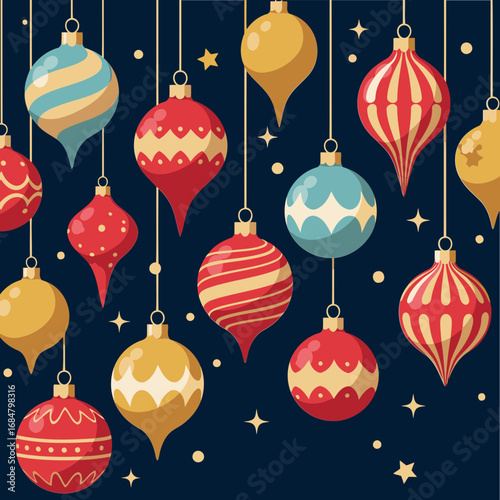 Christmas ornament pattern on navy background. Festive baubles in various shapes and colors with detailed designs hang from gold strings.