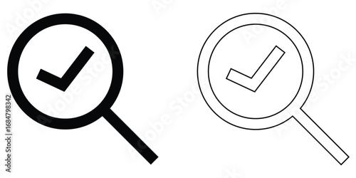 Search object, Lens icon set. Graphical vector illustration of zoom icon. Modern vector shape lens. Tick sing on isolated zoom lens icon set. Vector magnifying glass icon set on white background. 
