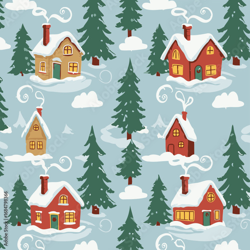 Snowy winter village scene with whimsical Christmas houses in a seamless pattern design.