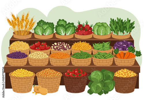 Food stand showcasing varied produce in baskets on shelves with vegetables fruits and grains