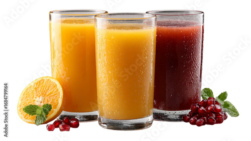 Three refreshing juice glasses with orange, pomegranate and berry flavors, garnished with fresh mint leaves, transparent background.