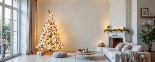 Wallpaper Mural white living room with tall simple christmas tree, shimmering garlands wrapped gently, no ornaments, glowing softly, clean modern atmosphere. Torontodigital.ca