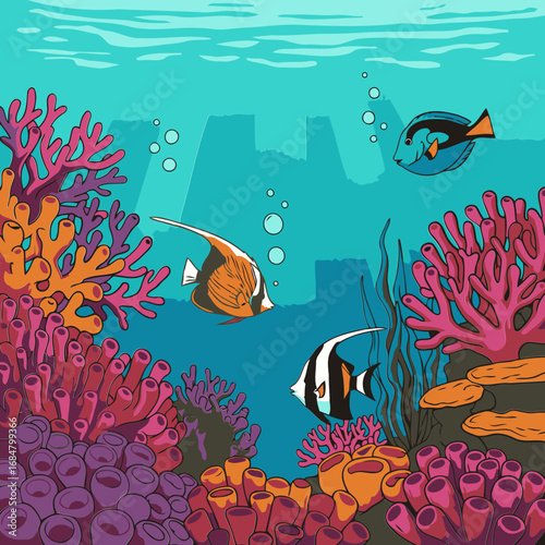 Colorful underwater scene with vibrant coral reefs and diverse fish. Aquatic life swimming among coral formations with various colors and textures.