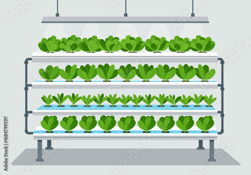 Indoor hydroponic system with four shelves of plants under artificial lights
