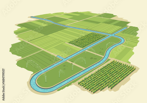 Irrigated farmland with a canal and sprinklers amidst a grid of crops and fields