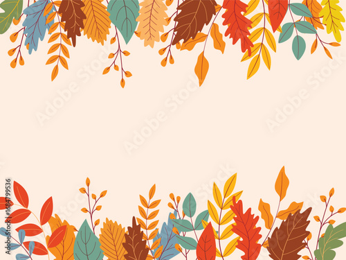 Natural motif border of colorful autumn leaves. Seasonal fall template with template for text. Form for card, invitation, announcement, vector graphics