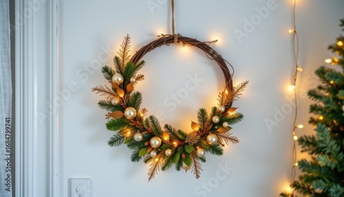 Wallpaper Mural simple christmas wreath designed with shimmering garlands only, hanging on white wall, scandinavian minimal style, soft golden light. Torontodigital.ca