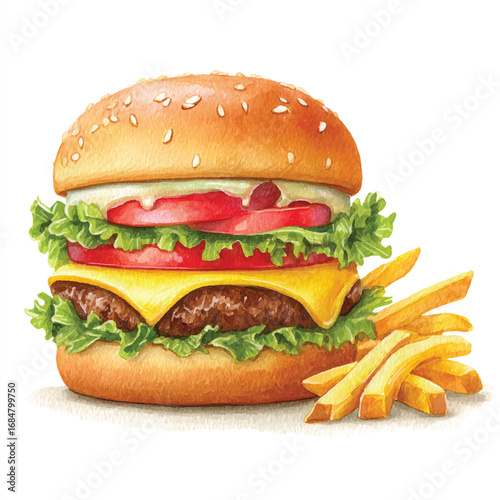 Watercolor Illustration of a Delicious Cheeseburger with Golden Fries