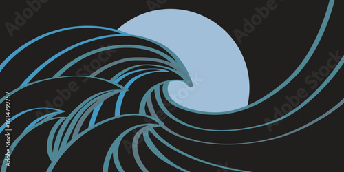 Modern and minimal  Japanese wave illustration with bold curved lines in teal and blue. A pale moon rises behind dark waves, creating a dramatic ocean scene for design use.