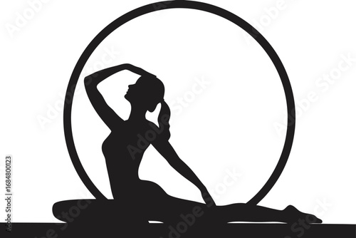 Elegant Silhouette of a Woman Stretching in a Hoop, Demonstrating Flexibility and Grace with Minimalist Black and White Design