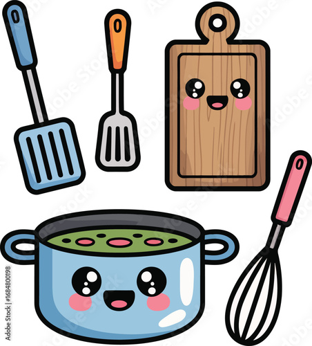 Kawaii Kitchen Utensils and Cooking Pot with Cute Faces vector illustration