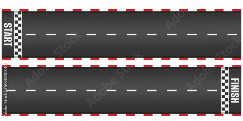 Horizontal racetrack roadway background vector design with white line start and finish grid pattern on asphalt straight way sport motor rally competition speedway element illustration