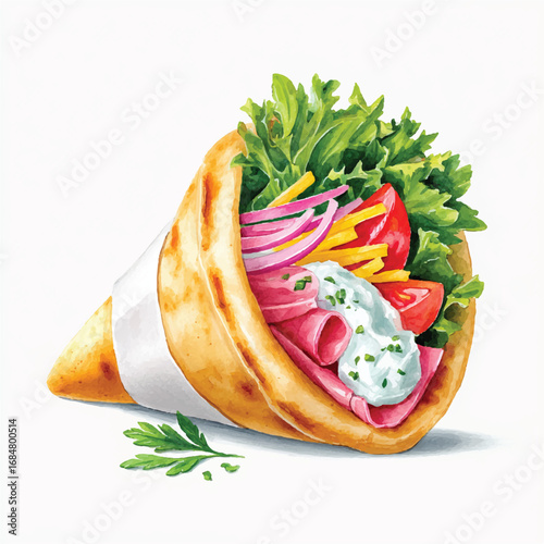 Watercolor Illustration of a Deliciously Filled Gyro with Fresh Vegetables