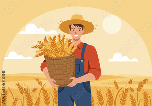 Smiling farmer holds wheat basket in a field with sun clouds wearing overalls and straw hat