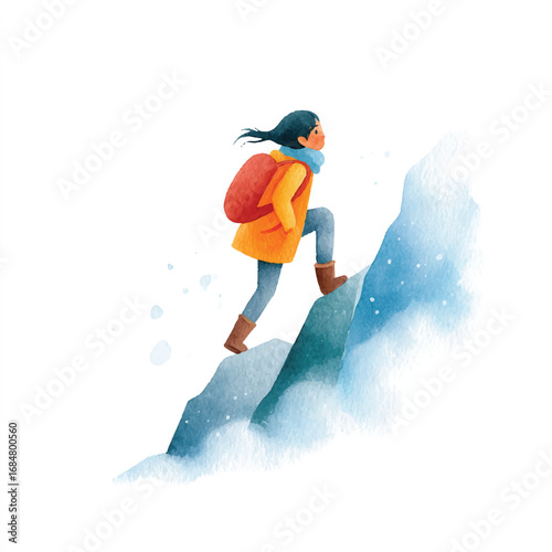 Watercolor illustration of a determined woman hiking up a snowy mountain