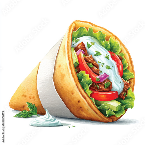 Watercolor Illustration of a Deliciously Filled Gyro Wrap with Fresh Ingredients