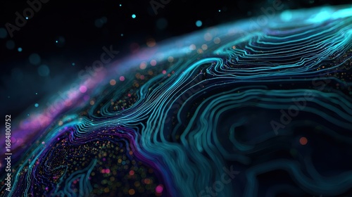 Exploring a vibrant, colorful representation of a digital world with intricate lines and patterns