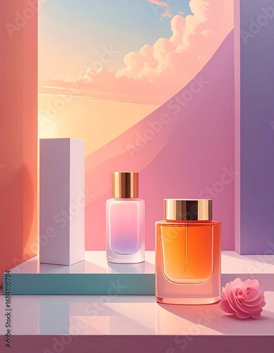 Pastel Perfume Bottles Display Against a Soft Background.