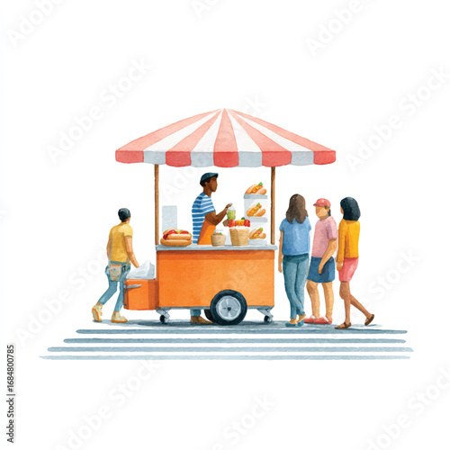 Watercolor Illustration of a Busy Street Food Stand with Customers