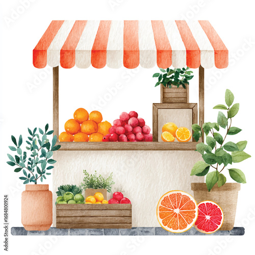 Watercolor Illustration of a Charming Fruit Stand with Fresh Produce