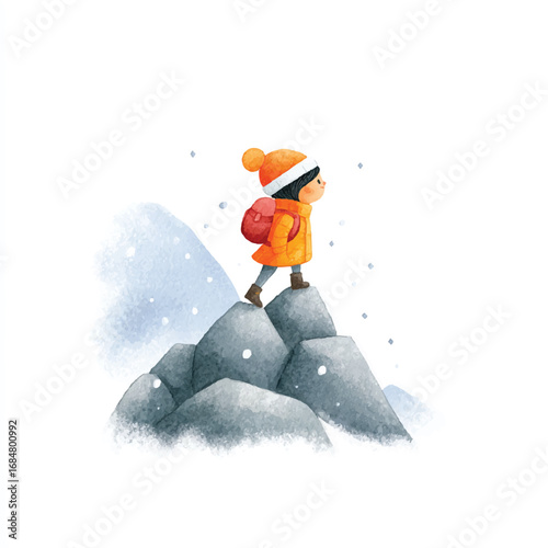 Watercolor Illustration of a Child Hiking Up Snowy Mountain Peaks