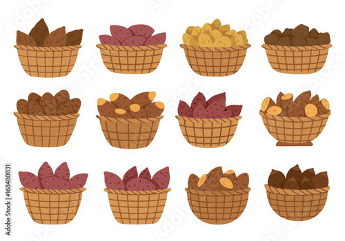 Twelve baskets full of different colored sweet potatoes