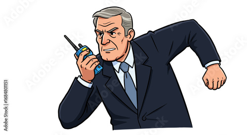 Serious businessman in suit urgently speaks into walkie-talkie, conveying important command
