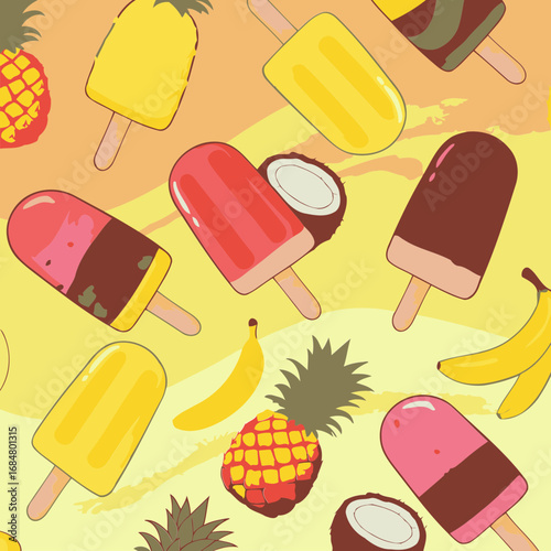 Colorful tropical ice cream popsicle pattern with fruit illustrations. Vibrant design for a summery background/seamless pattern.