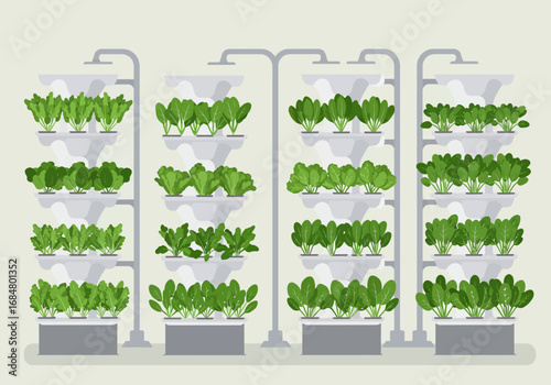 Vertical farm units filled with leafy green plants in a modular tiered hydroponic system