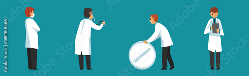 Man Doctor Character in White Coat Examine and Checkup Vector Set