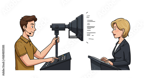 Professional technician operates lighting console for confident presenter on stage, creating dynamic event atmosphere