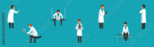 Man Doctor Character in White Coat Examine and Checkup Vector Set