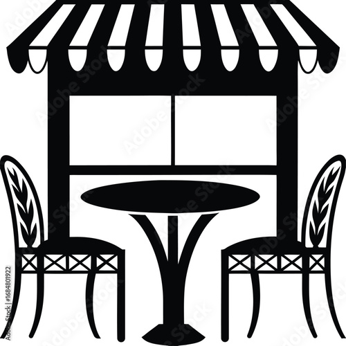 Classic outdoor cafe seating silhouette with awning and bistro table chairs vector