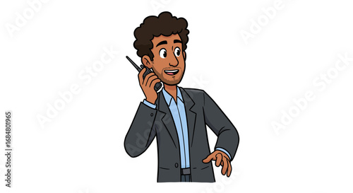 Confident businessman in suit actively talking on walkie-talkie, conveying important information.