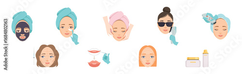 Cosmetology with Woman Face Have Skin Procedure Vector Set