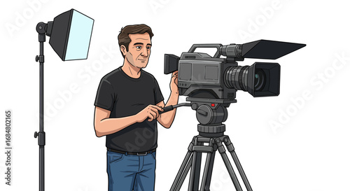 Skilled videographer operating professional camera setup with studio lighting for dynamic media production