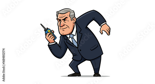Serious businessman in suit intensely listening on walkie-talkie, conveying focused communication and authority.