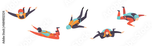 Man Jump with Parachute Engaged in Extreme Sport Activity Vector Set