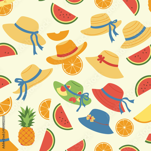 Summery women's straw hats and fruit pattern with light background. Colorful, flat design with hats and watermelon, pineapple, and orange slices.