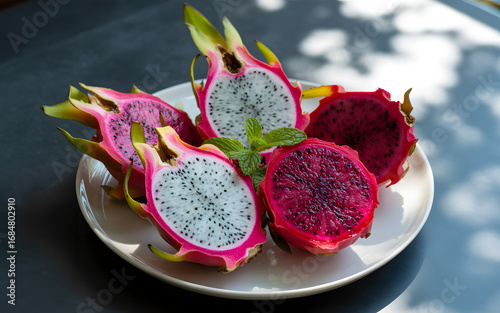 Vibrant tropical dragon fruits pitaya pink and white varieties served on a plate fresh exotic fruit display