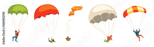Man Jump with Parachute Engaged in Extreme Sport Activity Vector Set