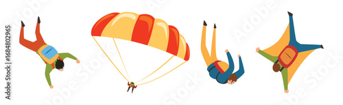 Man Jump with Parachute Engaged in Extreme Sport Activity Vector Set