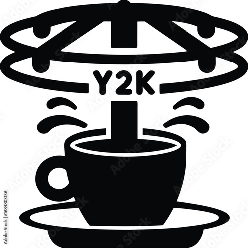 Y2k coffee cup icon with retro futuristic swirls and steam evoking nostalgia vector