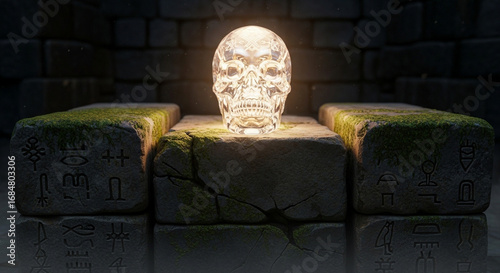 Crystal skull on a stone altar in a dark temple, illuminated by a mysterious light, creating an atmosphere of ancient secrets and forgotten rituals