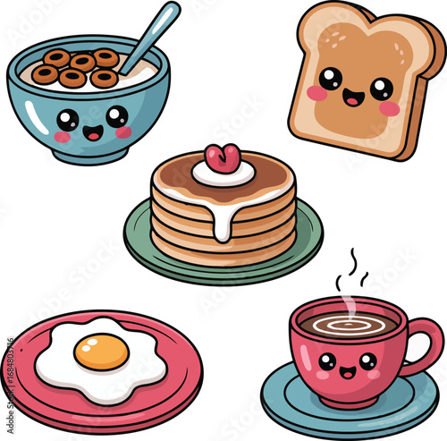 Adorable Kawaii Breakfast Spread with Happy Food Characters cute smiling