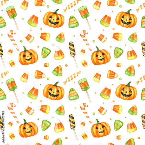 Halloween cute pumpkin - pastel seamless pattern, candy and lollipop motif