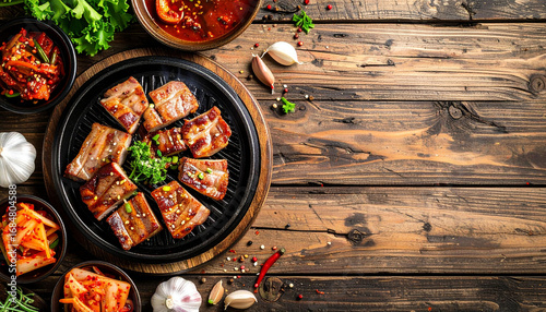 Top view of sizzling Korean samgyeopsal pork belly slices grilling on a hot plate
