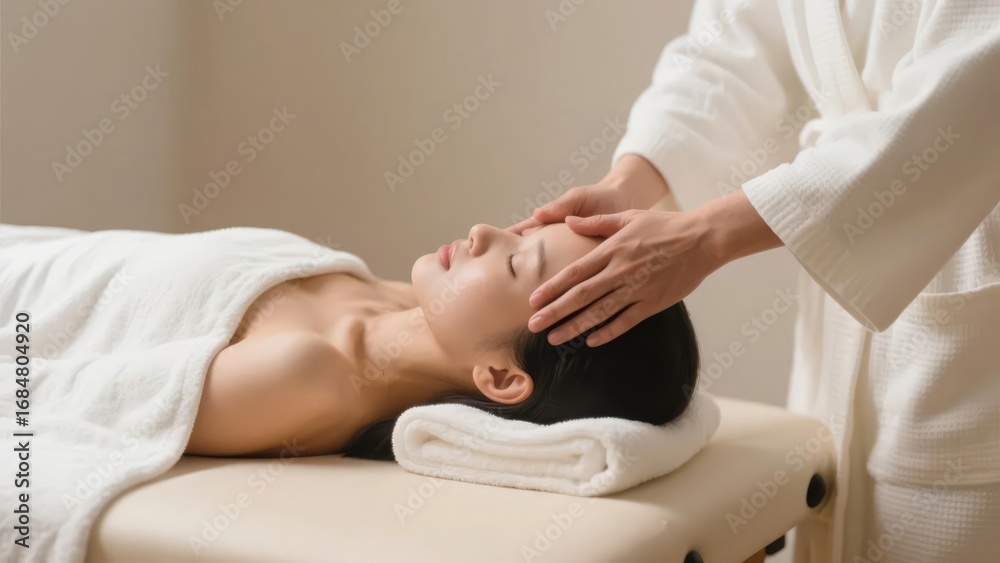 Obraz premium Person receiving a head massage in a serene spa setting