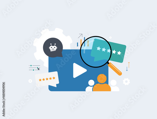Viewer behavior analysis with AI video recommendations for audience engagement. Personalized recommendations and video content performance tracking for streaming platforms, vector illustration