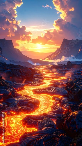 Lava River Sunset Landscape.